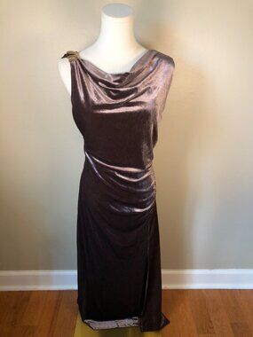 Taylor Cowl Neck Chocolate Brown Velvet Midi Gown Sz 10 Classic Luxe Minimalist